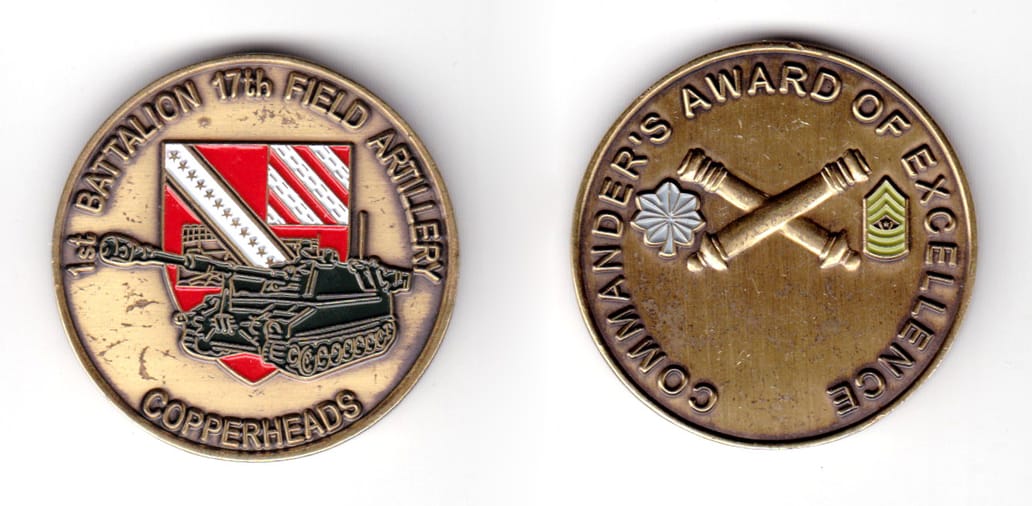 Round shaped coin, antique brass in color, 1 49/64 inches in diameter.