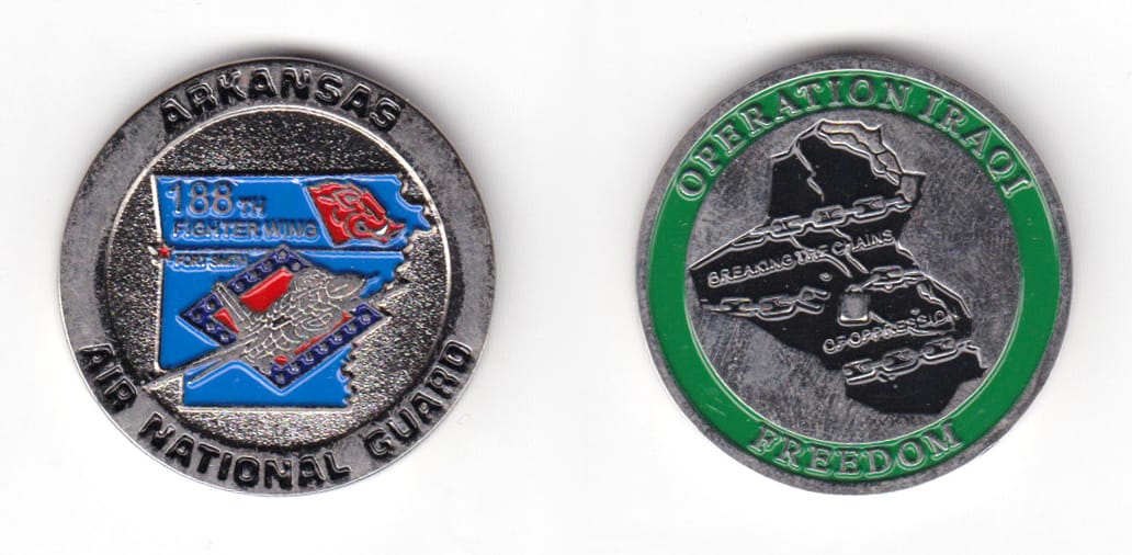 Round shaped coin, pewter in color, 1 33/64 inches in diameter.