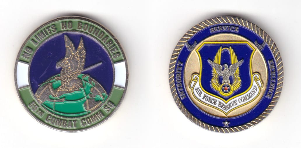 Round shaped coin, brass in color, 1 1/2 inches in diameter.