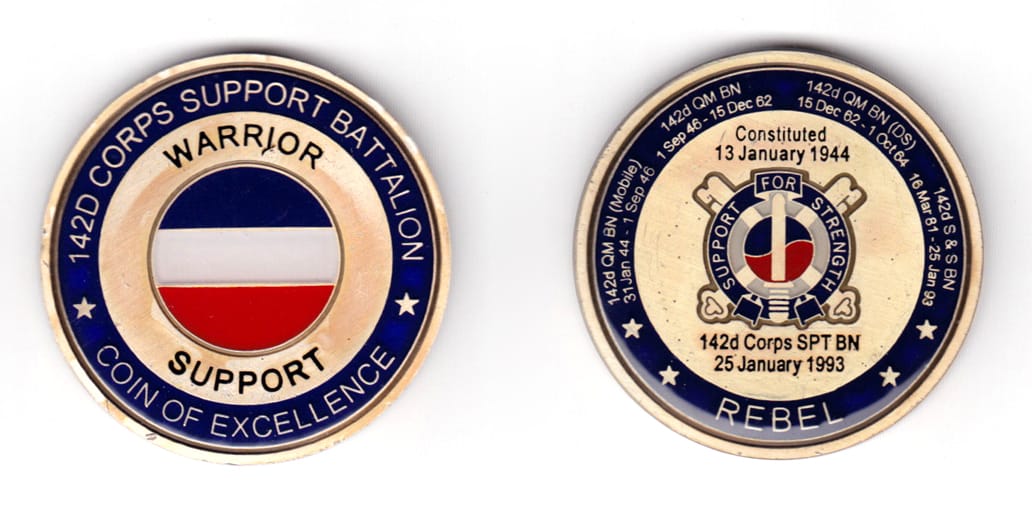 Round shaped coin, antique brass in color, 1 15/16 inches in diameter.