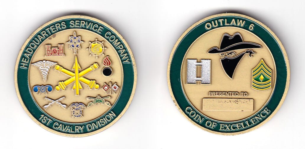 Round shaped coin, antique brass in color, 1 61/64 inches in diameter.