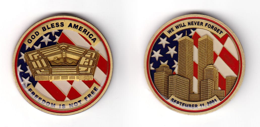 Round shaped coin, antique brass in color, 1 51/64 inches in diameter.