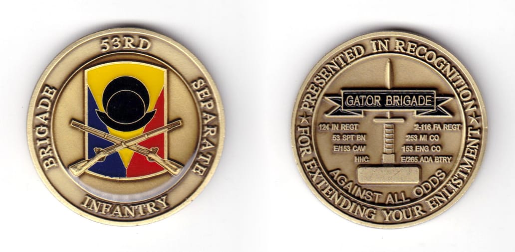 Round shaped coin, antique brass in color, 1 49/64 inches in diameter.