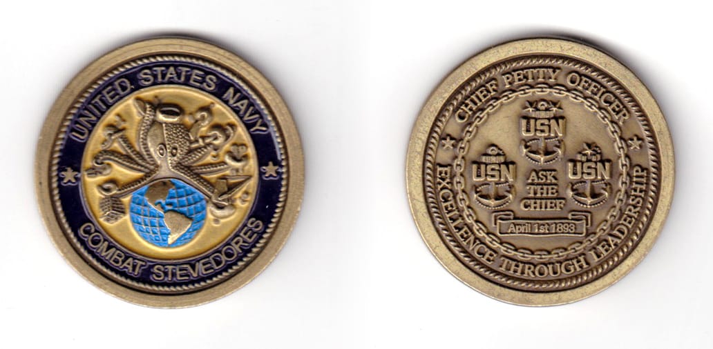 Round shaped coin, antique brass in color, 1 43/64 inches in diameter.