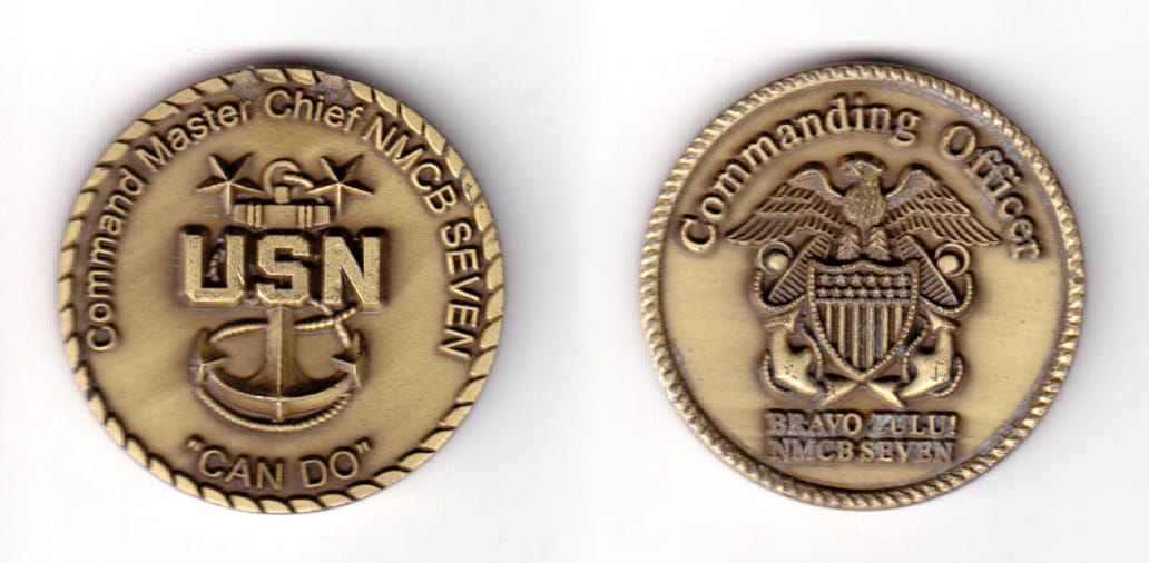 Round shaped coin, antique brass in color, 1 37/63 inches in diameter.