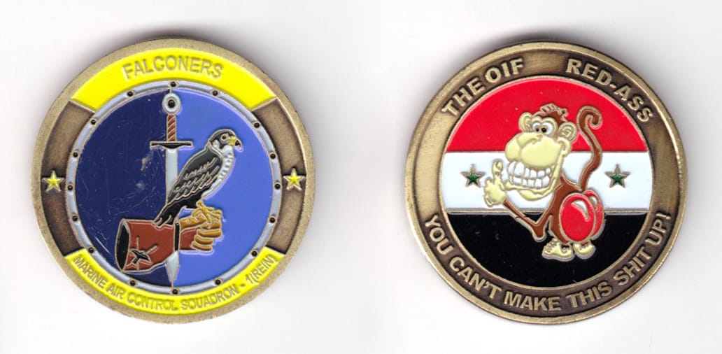 Round shaped coin, antique brass in color, 1 5/8 inches in diameter.