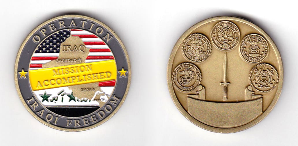 Round shaped coin, antique brass in color, 1 37/64 inches in diameter.