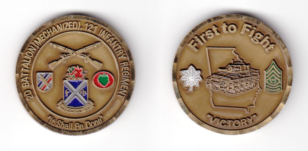 Round shaped coin, antique brass in color, 1 19/32 in diameter.