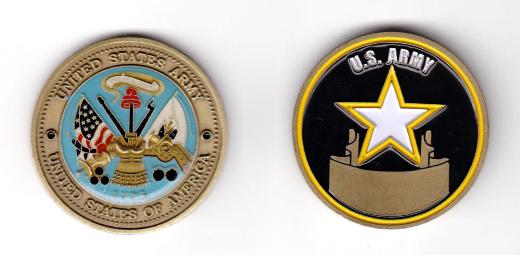 Round shaped coin, antique brass in color, 1 9/16 inches in diameter.