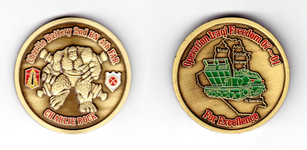 Round shaped coin, antique brass in color, 1 39/64 inches in diameter.