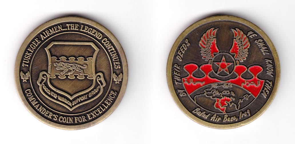 Round shaped coin, antique brass in color, 1 41/64 inches in diameter.