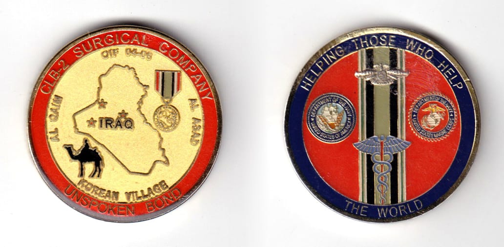 Round shaped coin, brass in color, 1 41/64 inches in diameter.