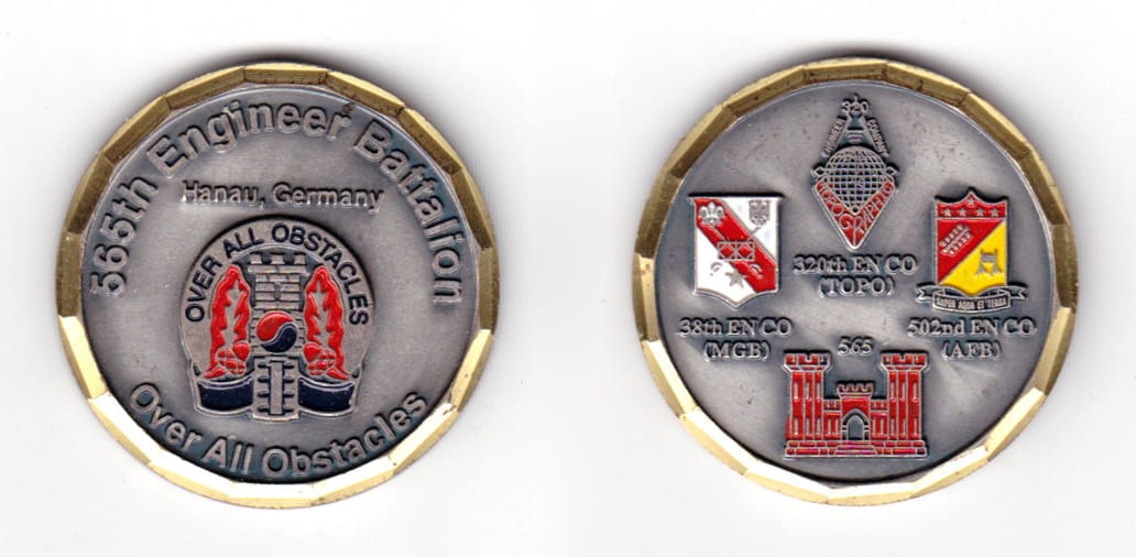 Round shaped coin, antique brass in color, 1 39/64 inches in diameter.