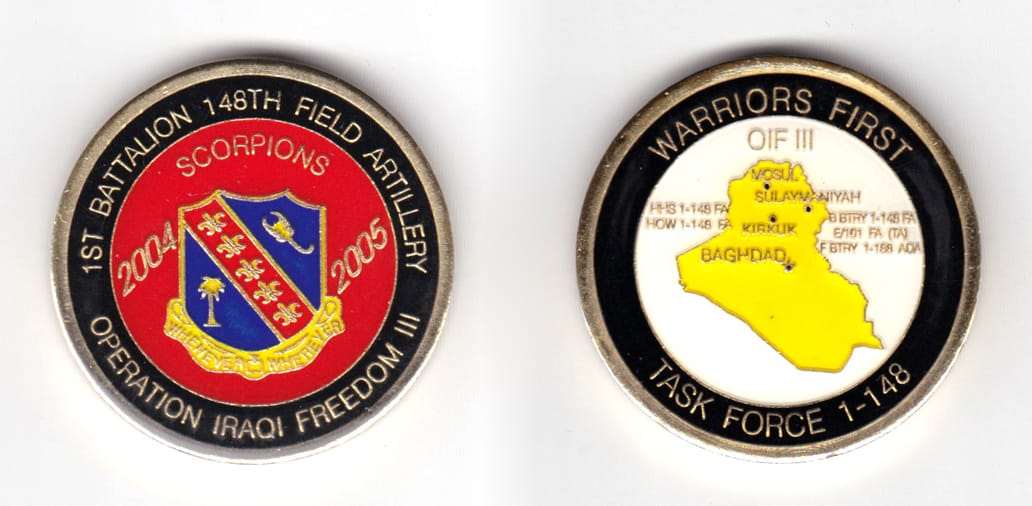 Round shaped coin, brass in color, 1 11/16th inches in diameter.