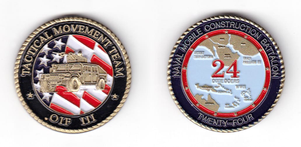 Round shaped coin, antique brass in color, 1 39/64 inches in diameter.