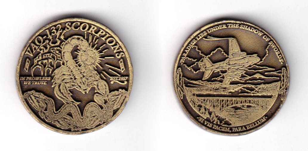 Round shaped coin, antique brass in color, 1 31/64 inches in diameter.