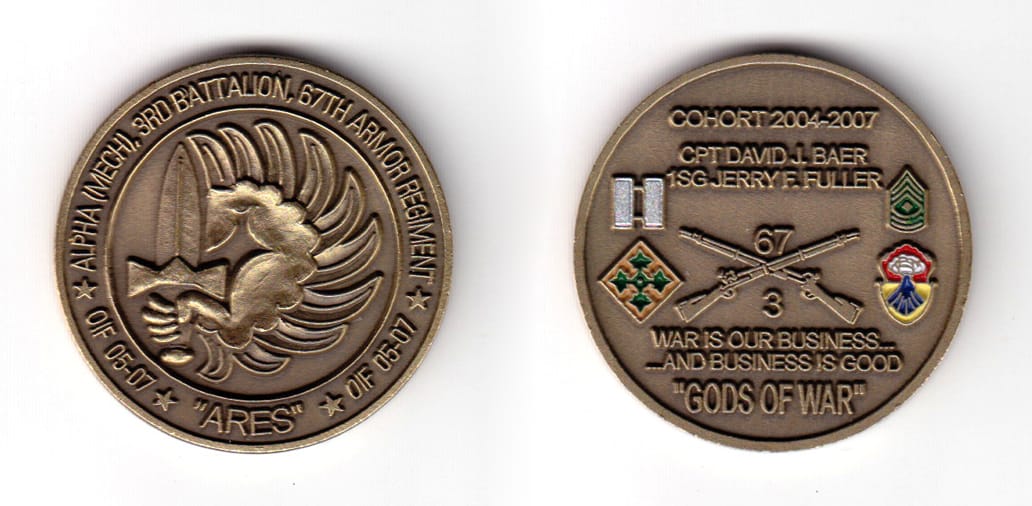 Round shaped coin, antique brass in color, 1 37/64 inches in diameter.