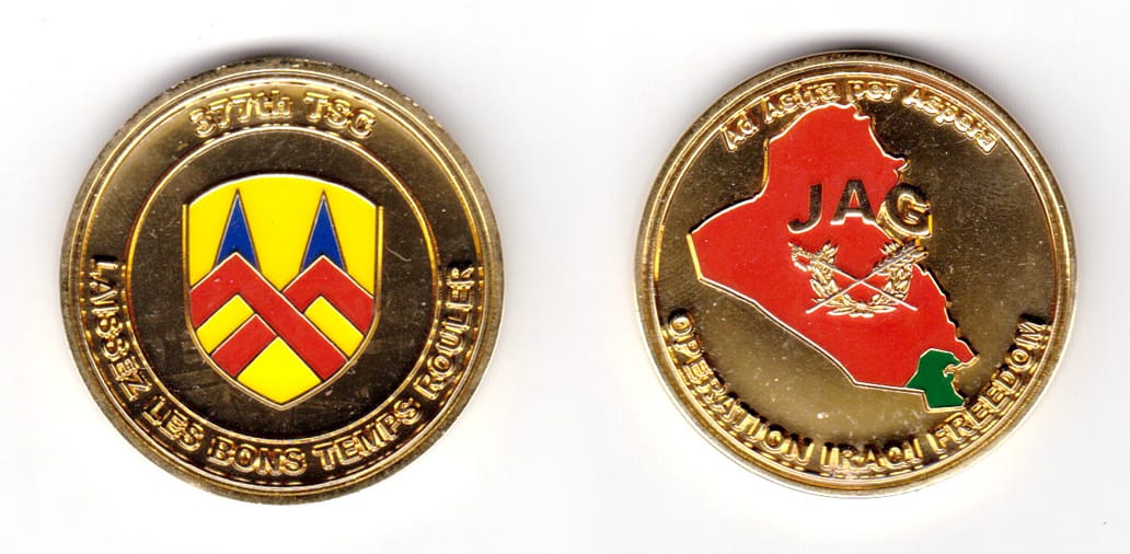 Round shaped coin, brass in color, 1 3/4 inches in diameter.