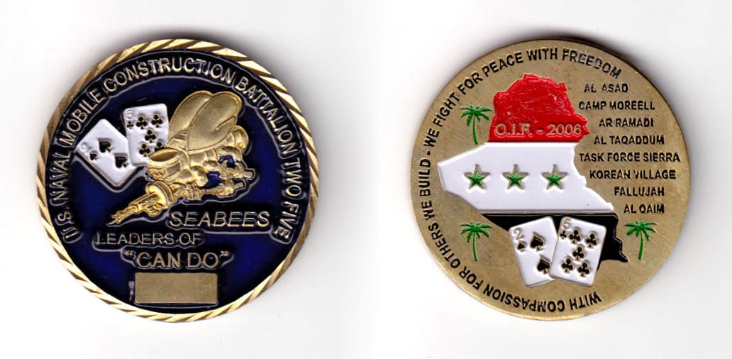 Round shaped coin, antique brass in color, 1 47/64 inches in diameter.