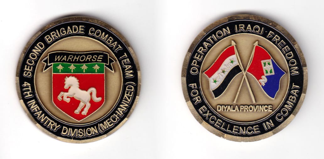 Round shaped coin, antique brass in color, 1 51/64 inches in diameter.