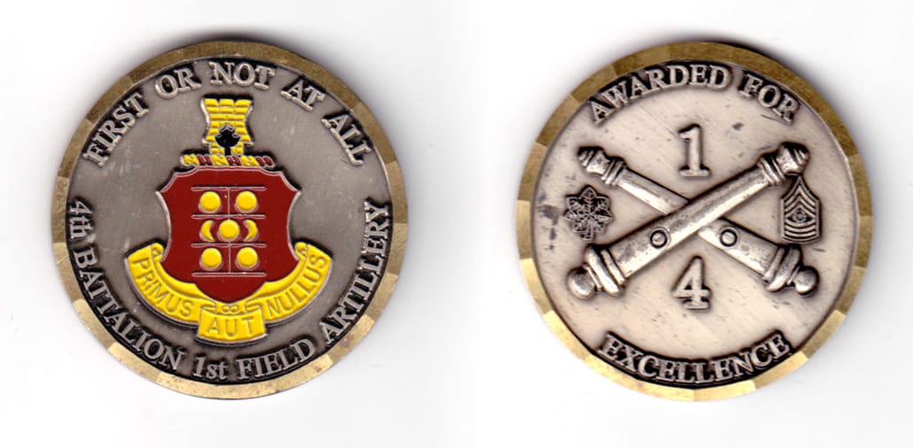 Round shaped coin, antique brass in color, 1 51/64 inches in diameter.