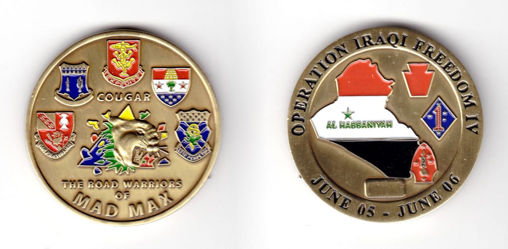 Round shaped coin, brass in color, 1 3/4 inches in diameter.