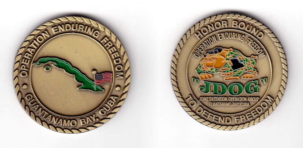 Round shaped coin, antique brass in color, 1 51/64 inches in diameter.