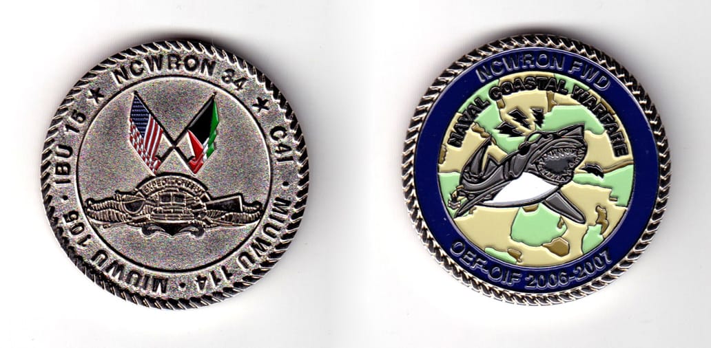 Round shaped coin, silver in color, 1 3/4 inches in diameter.