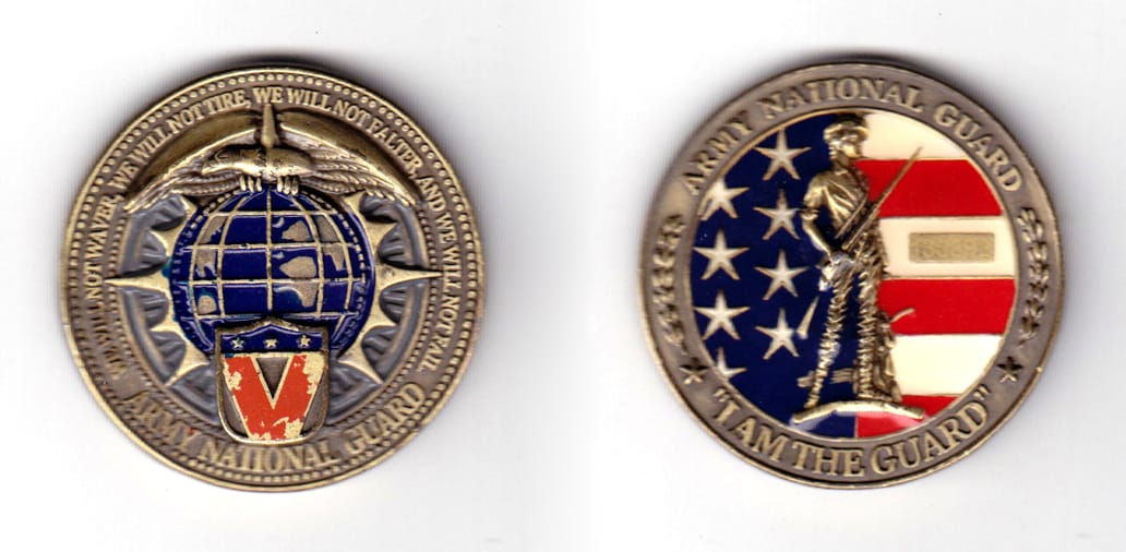 Round shaped coin, antique brass in color, 1 47/64 inches in diameter.