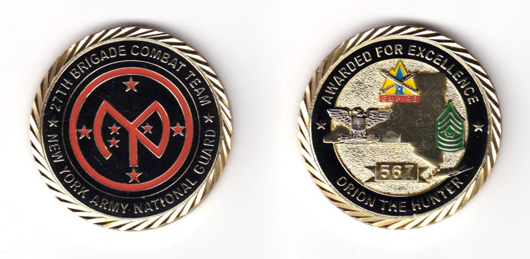 Round shaped coin, brass in color, 1 3/4 inches in diameter.