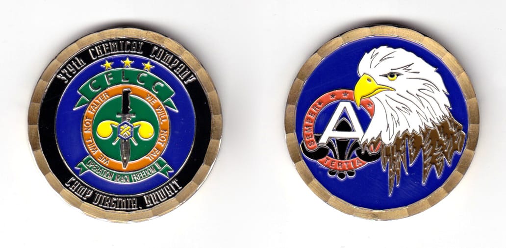 Round shaped coin, brass in color, 1 49/64 inches in diameter.