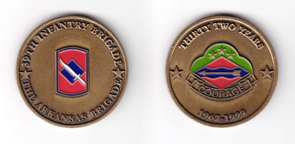 Round shaped coin, antique brass in color, 1 33/64 inches in diameter.