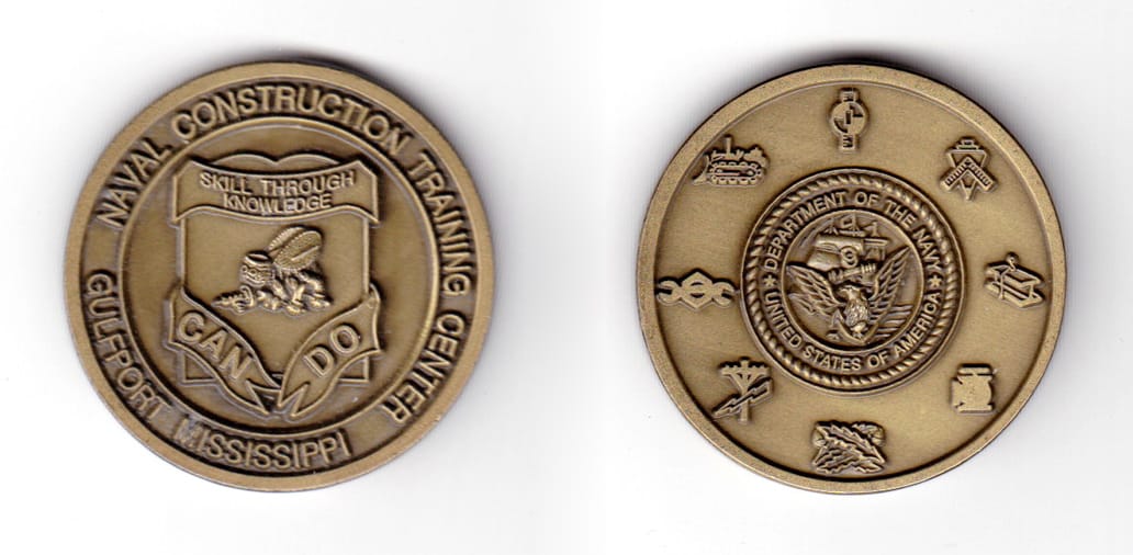 Round shaped coin, antique brass in color, 1 19/32 inches in diameter.