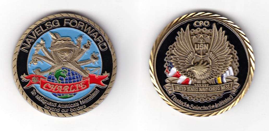 Round shaped coin, antique brass in color, 1 37/64 inches in diameter.