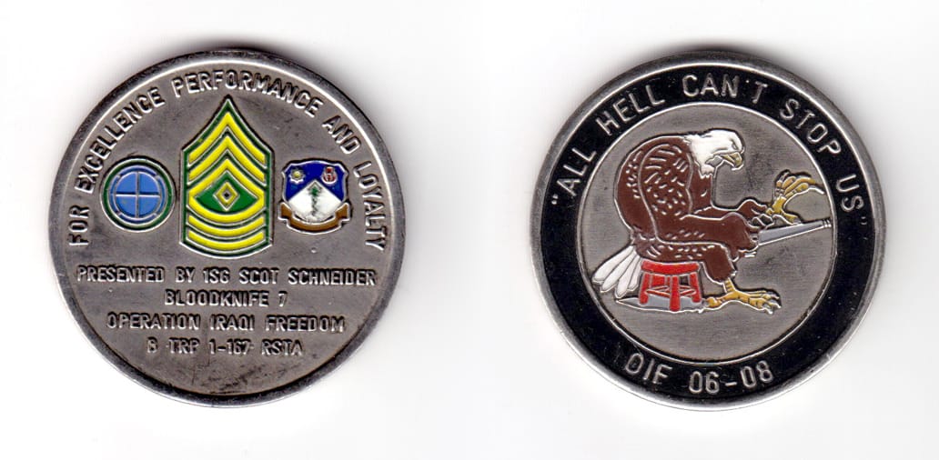 Round shaped coin, pewter in color, 1 43/64 inches in diameter.