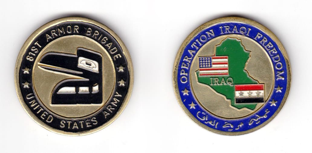 Round shaped coin, antique brass in color, 1 43/64 inches in diameter.