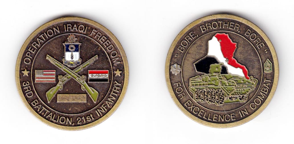 Round shaped coin, antique brass in color, 1 43/64 inches in diameter.