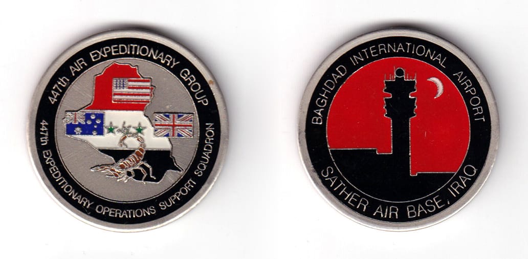 Round shaped coin, pewter in color, 1 11/16 inches in diameter.