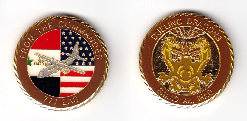 Round shaped coin, brass in color, 1 1/16 inches in diameter.