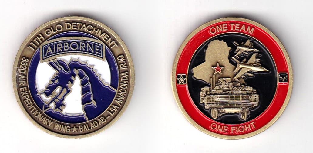 Round shaped coin, antique brass in color, 1 37/64 inches in diameter.