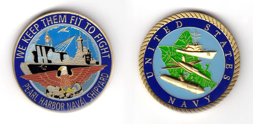 Round shaped coin, brass in color, 1 3/4 inches in diameter.