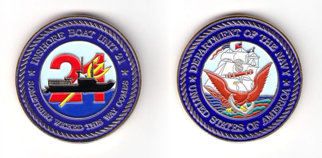 Round shaped coin, brass in color, 1 3/4 inches in diameter.