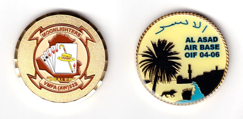 Round shaped coin, brass in color, 1 3/4 inches in diameter.