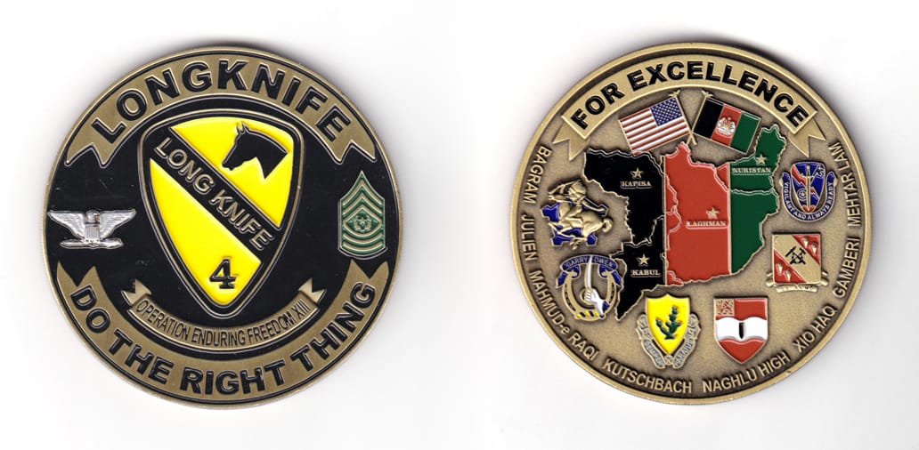 Round shaped coin, antique brass in color, 2 31/32 inches in diameter.