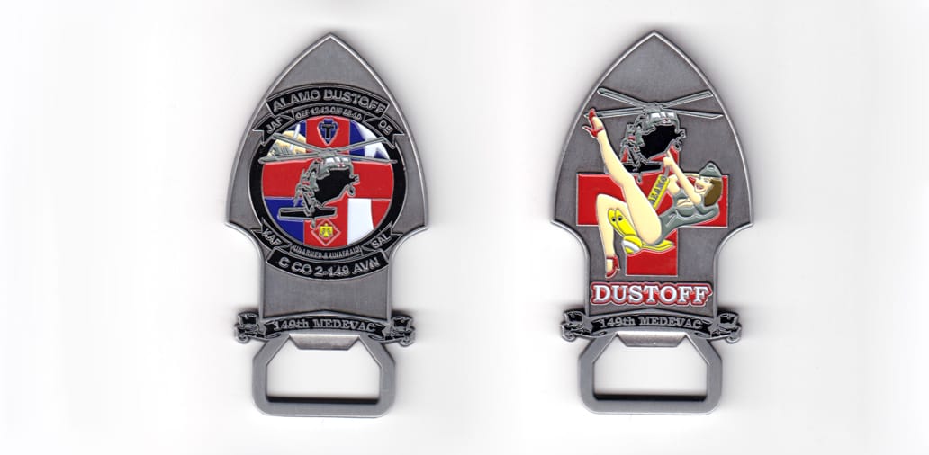 Coin is arrowhead shaped with a ribbon banner below and bottle opener shape below that, pewter in color, 3 13/64 inches ...