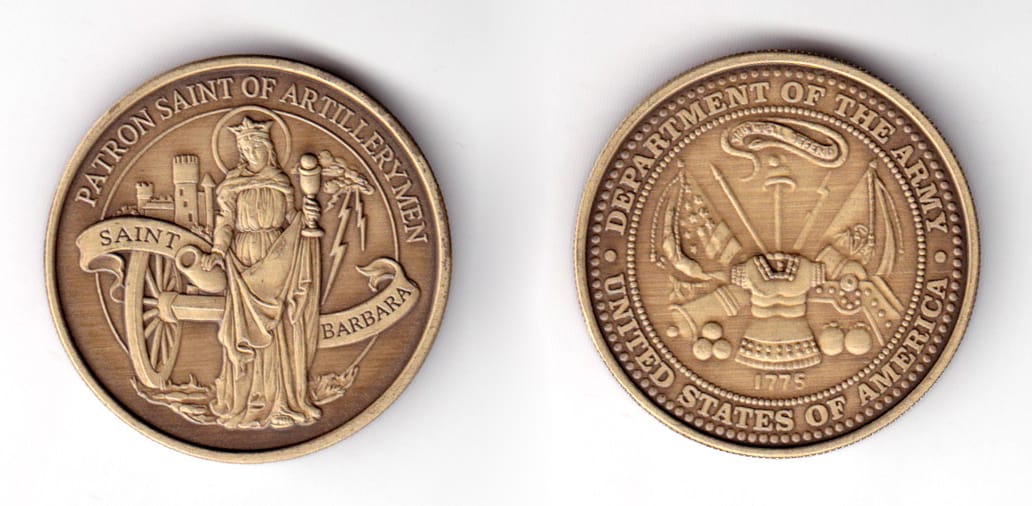 Round shaped coin, antique brass in color, 1 35/64 inches in diameter.