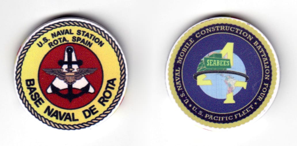 Round shaped poker ship, white and yellow in color, 1 35/64 inches in diameter.