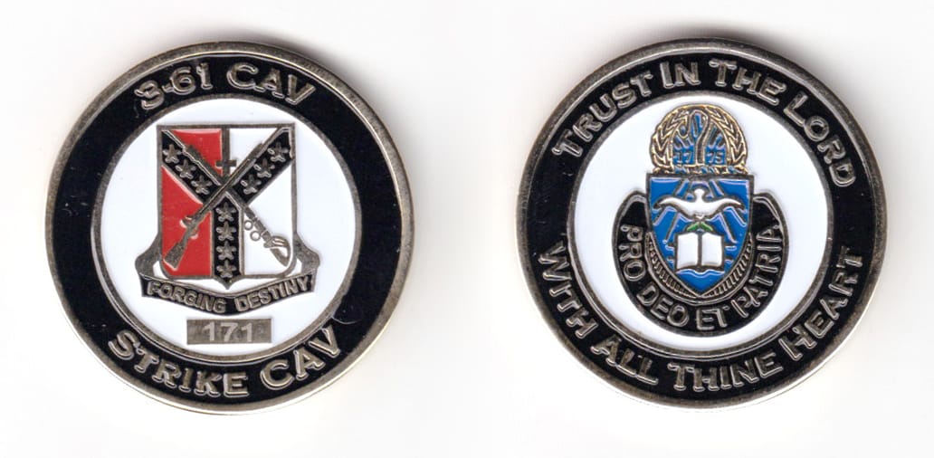 Round shaped coin, brass in color, 1 1/2 inches in diameter.