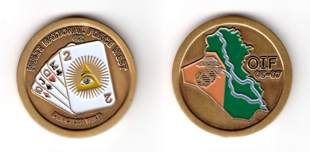 Round shaped coin, brass in color, 1 31/64 inches in color,