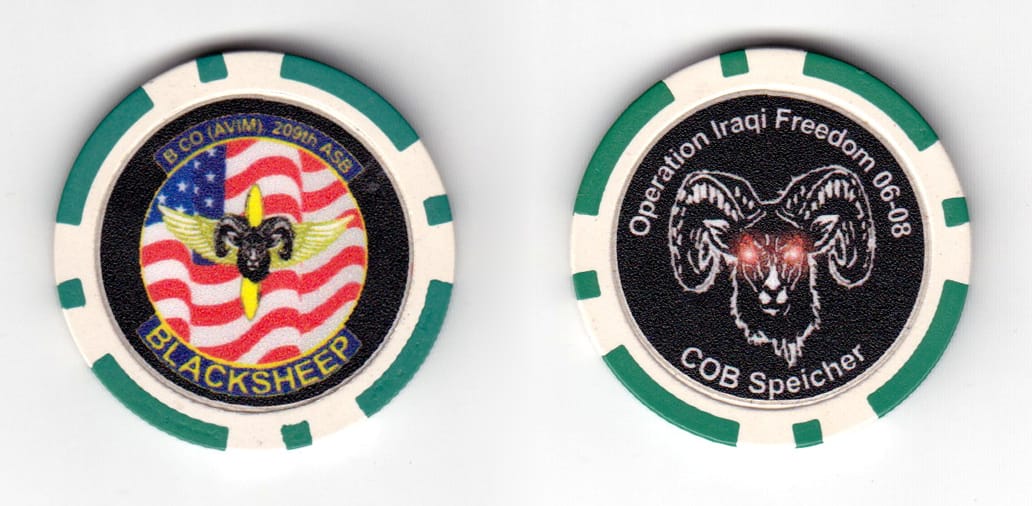Round shaped poker chip, green and white in color, 1 37/64 inches in diameter.